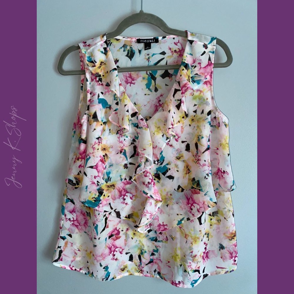 Roz & Ali | Lightweight Sheer Multi-Color Floral w/ Ruffle Blouse | Size: Med